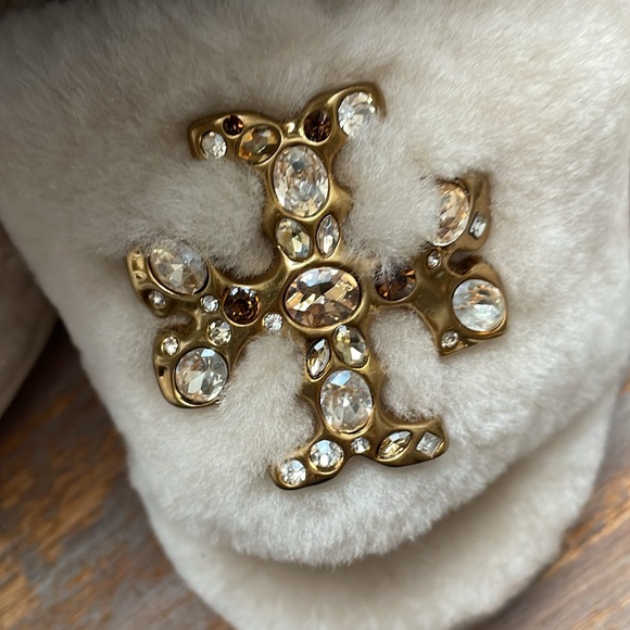 Tory Burch Shearling Jeweled Slides - Picture 2 of 5